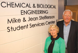 Mike and the late Jean Steffenson at the CBE Student Services Center, which was named for them. Bardhan's professorship is named in honor of Jean Steffenson